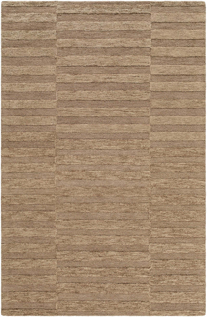 Close-up of Idaho Broken-Striped Brown Area Rug. Beige, sandstone, and taupe wool rug with a contemporary broken stripe pattern. Design-Rectangle-576