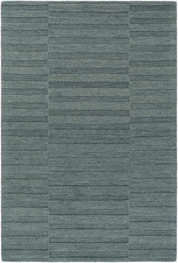 Close-up of the Idaho Broken-Striped Petrol Blue Area Rug. Hand-tufted 100% wool rug with charcoal, slate blue, and steel gray stripes. Design-Rectangle-576