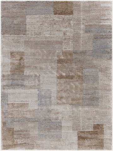 Close-up of the Anaisa Beige Luxe Thick Area Rug, featuring a geometric pattern in tan, ivory, and dark red hues. Design-Rectangle-537