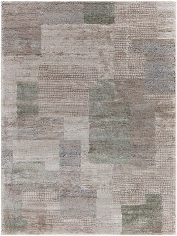 Close-up of the Anaisa Ivory Luxe Thick Area Rug. Contemporary design in ivory, tan, sage, and gray tones. Design-Rectangle-537