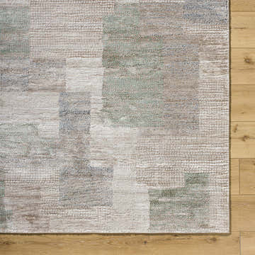 Close-up of the Anaisa Ivory Luxe Thick Area Rug showing its ivory, sage, and tan contemporary pattern and plush texture. Corner