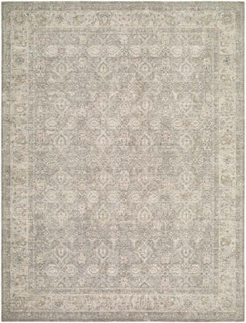 Detailed view of Buddug Cream Area Rug. Farmhouse style rug with traditional floral pattern in cream, sage, and slate blue. Design-Rectangle-710102