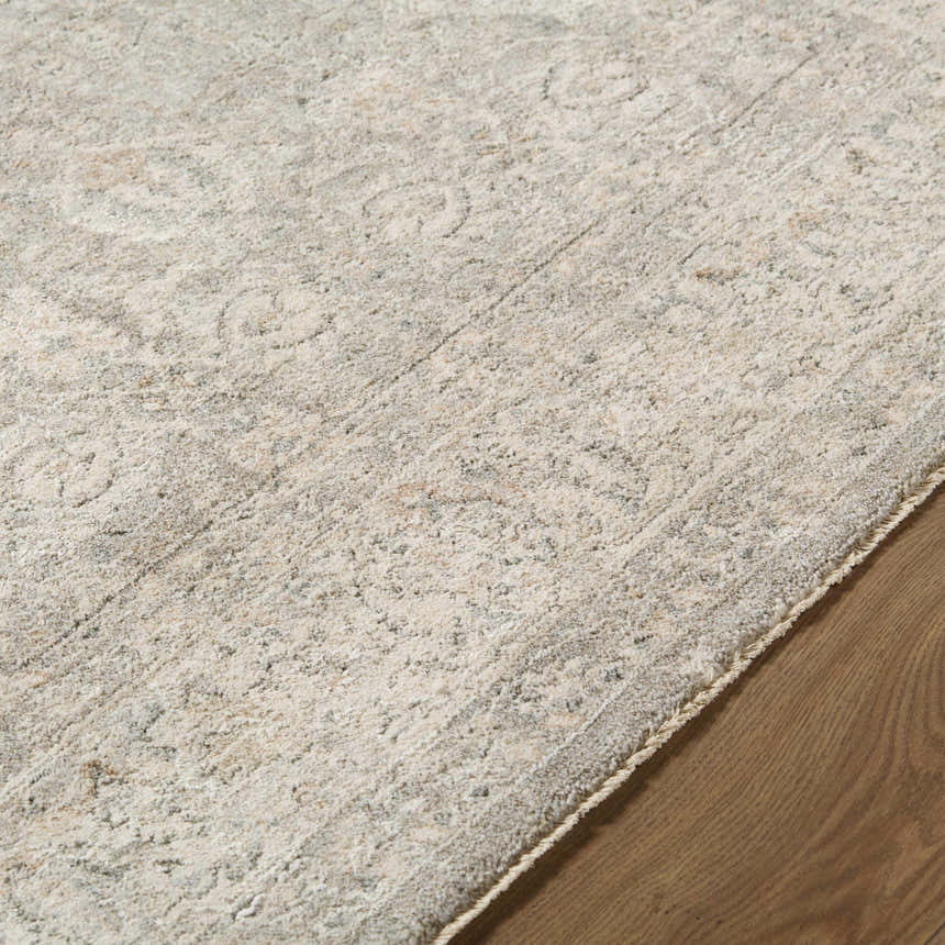 Close up of the cream Buddug Area Rug showing its traditional pattern and soft texture on a wood floor. Texture