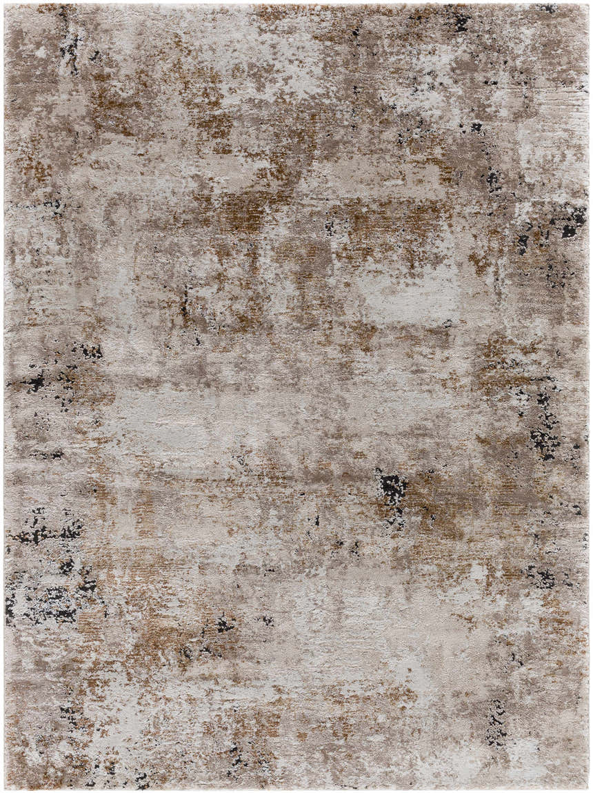 Close-up of a Weeko Luxe area rug. Abstract design in ivory, tan, peach, dark red, and black. Machine woven texture. Design-Rectangle-537