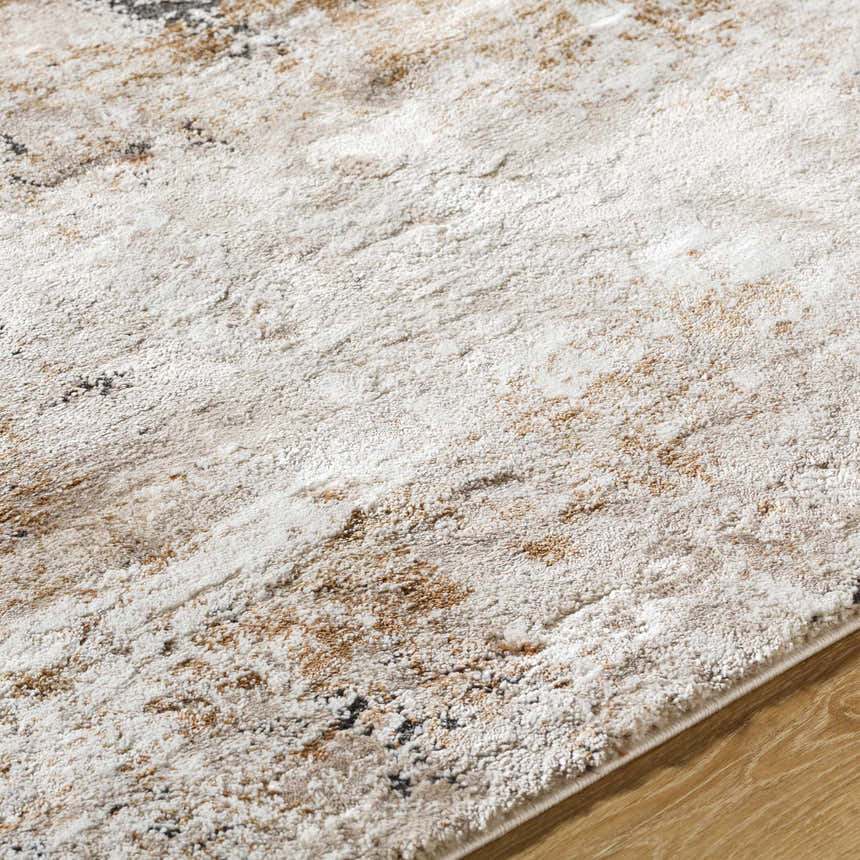Close-up of the Weeko Luxe Thick Area Rug showing its ivory, tan, and black contemporary pattern and plush texture. Texture