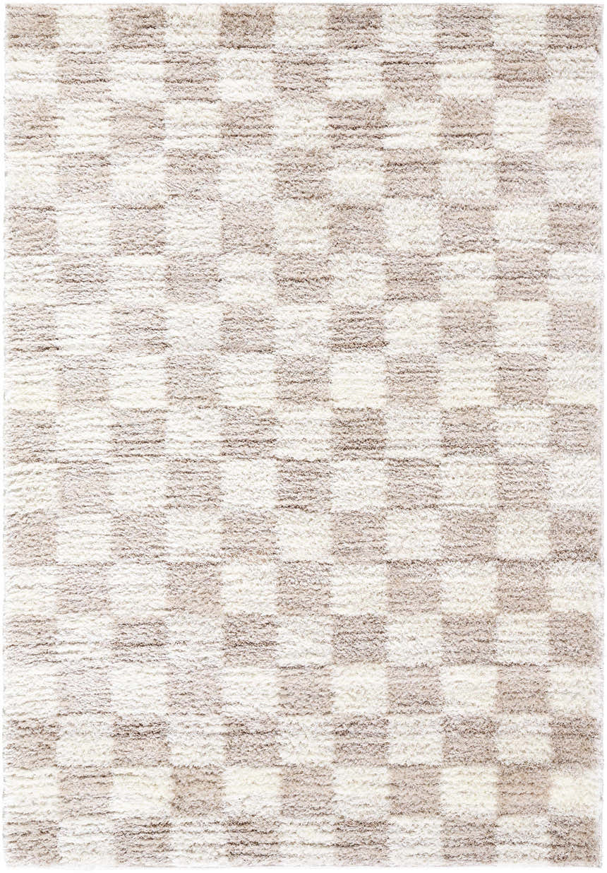 Close-up of the Belita Cream Luxe Shag Area Rug, featuring a cream and tan checkerboard pattern and plush, shag texture. Design-Rectangle-537