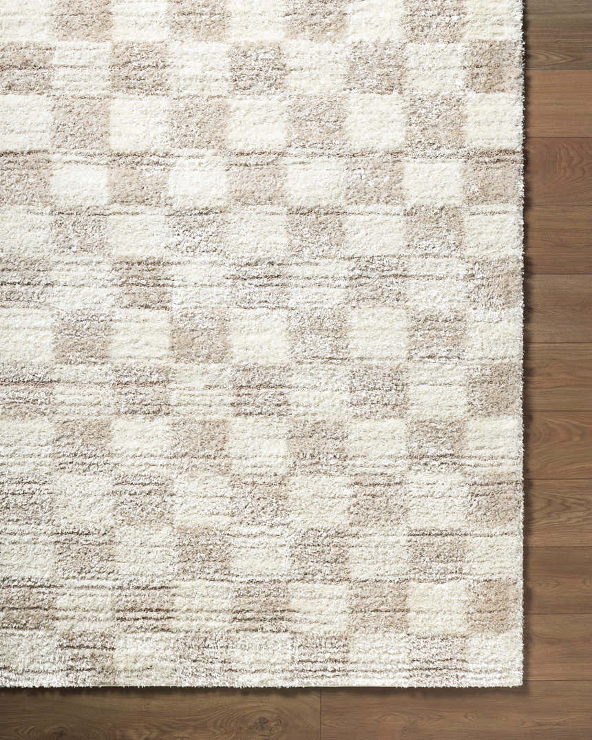 Close-up of Belita Beige Luxe Shag Area Rug. Cream and tan shag rug with a subtle checkerboard pattern on wood floor. Corner