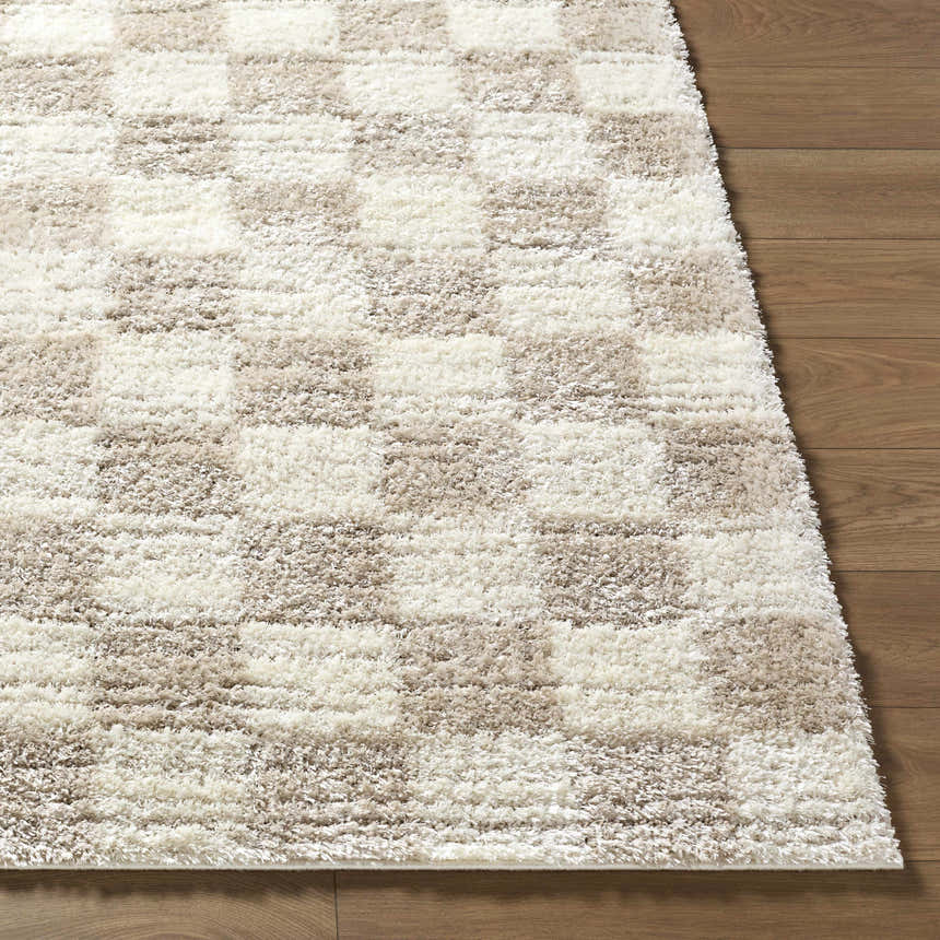 Close-up of Belita Beige Luxe Shag Area Rug showing cream, ivory, and tan checkerboard pattern and soft, plush texture. Front