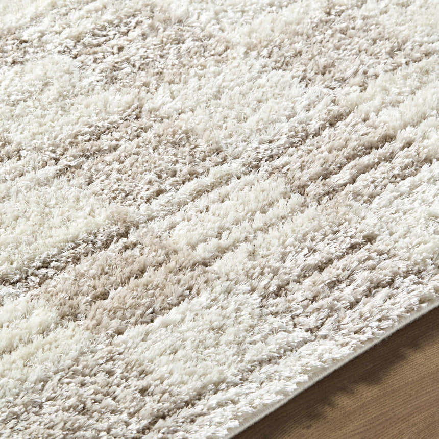 Close-up of the Belita Beige Luxe Shag Area Rug showing its cream, ivory, and tan striped design and soft, fluffy texture. Texture