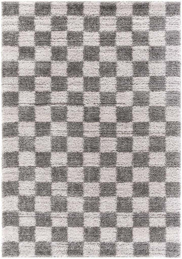 Close-up of the Belita Charcoal Luxe Shag Area Rug. Features a checkerboard pattern in charcoal, light gray, and white polyester. Design-Rectangle-537