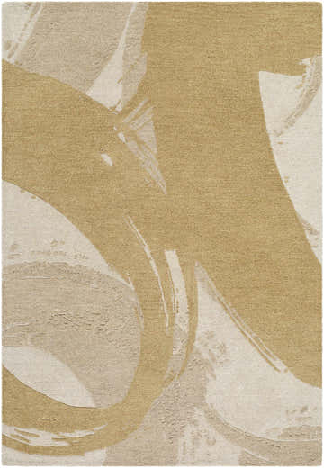 Close-up of the Bikita Area Rug. Hand-tufted wool rug with a contemporary abstract design in neutral beige and gold tones. Design-Rectangle-576