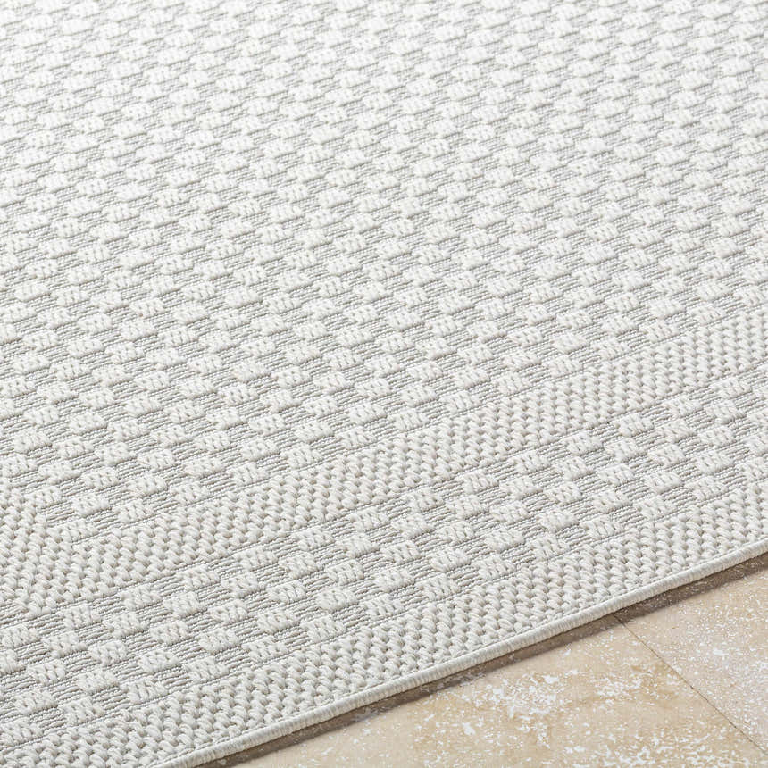Close-up of the Brinda Area Rug, light silver and sterling gray, with a woven geometric pattern and subtle texture. Texture
