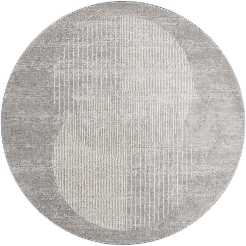 Close-up of round Beauregard Area Rug in dark gray and natural gray with a modern geometric design. Design-Round-67