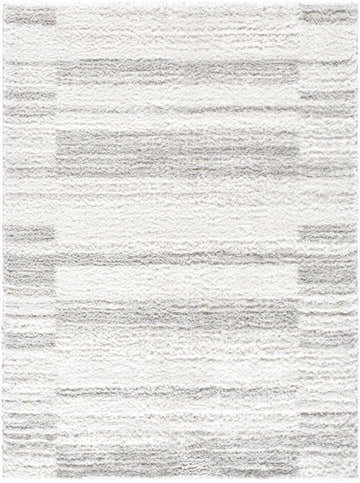Close-up of the Benard Area Rug. Cream and light slate shag rug with a subtle horizontal pattern. Soft texture. Design-Rectangle-537