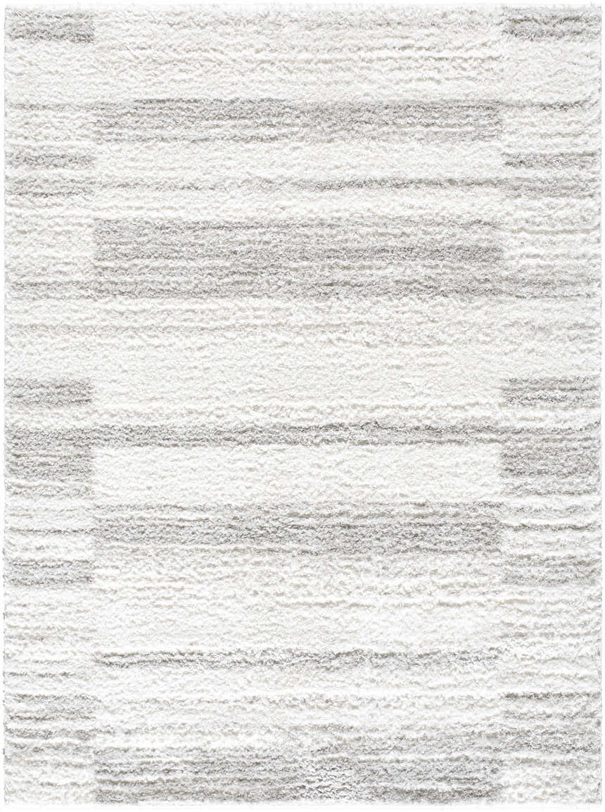 Close-up of the Benard Area Rug. Cream and light slate shag rug with a subtle horizontal pattern. Soft texture. Design-Rectangle-537