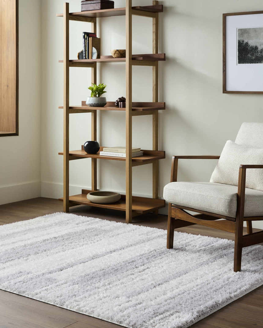 Living room scene with a cream Benard Area Rug, wood bookshelf, and mid-century modern chair. Roomscene-Rectangle