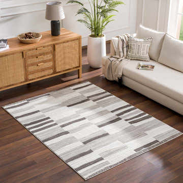 Living room scene with Bojana Broken-Striped Area Rug, cream sofa, wood cabinet, and plant. Modern, neutral tones. Roomscene-Rectangle