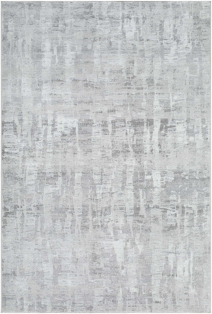 Close-up of the Branka Area Rug. Light silver, silver gray, and slate blue contemporary design. Design-Rectangle-537