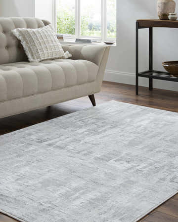 Living room scene with a light silver Branka Area Rug, beige sofa, and dark wood floors. Roomscene-Rectangle