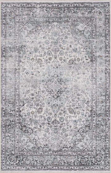 Close-up of the Light Blue Holi-4603 Washable Area Rug. Traditional vintage style with charcoal, blue, and brown floral patterns. Design-Rectangle-5373