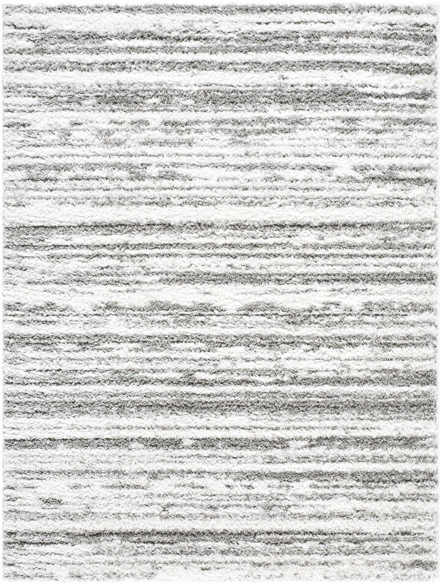 Close-up of the Blaise Area Rug, a shag rug with horizontal stripes in cream and gray. Design-Rectangle-537