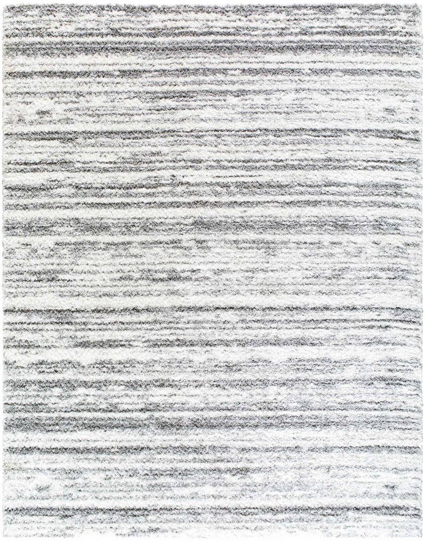 Close-up of the Blaise Area Rug. Cream and gray shag rug with a subtle horizontal striped pattern. Design-Rectangle-71010
