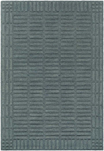 Close-up of the hand-tufted Birger Slate Blue Area Rug. Features a contemporary geometric pattern in slate blue and steel gray wool. Design-Rectangle-576