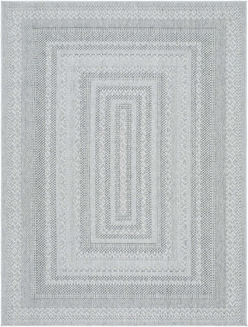 Close-up of the gray and white Bernal Area Rug, featuring a geometric pattern and woven texture. Design-Rectangle-537