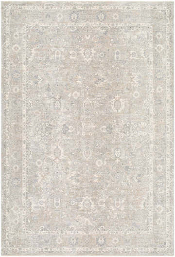Detailed Banyan Luxe Area Rug with a traditional design in ivory, pale blue, silver gray, stone gray, and taupe. Design-Rectangle-6796