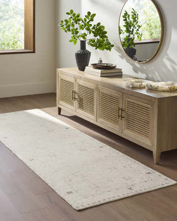 Entryway with a taupe console table and a neutral Bhavna Area Rug runner on wood floors. Roomscene-Runner
