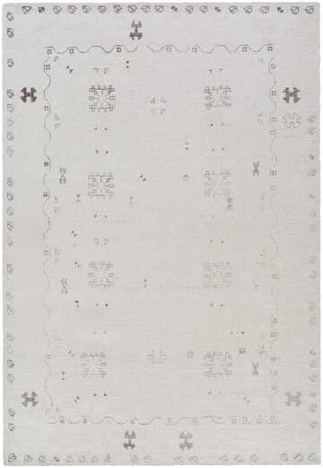 Close-up of the hand-tufted Bhavna Area Rug. Ivory rug with sandstone and taupe traditional pattern. 100% polyester. Design-Rectangle-576