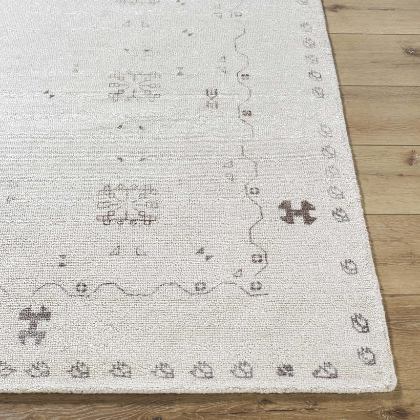 Close up of the hand-tufted Bhavna Area Rug. Ivory rug features a traditional sandstone and taupe pattern. Front