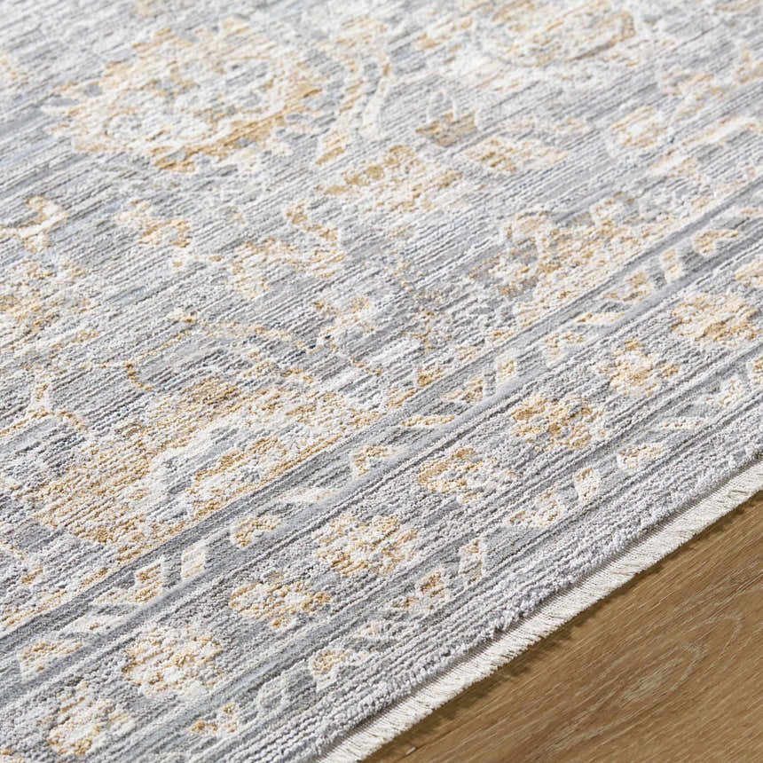 Close-up of the Bayram Area Rug. Traditional design in gray, ivory, and taupe on a wood floor. Texture