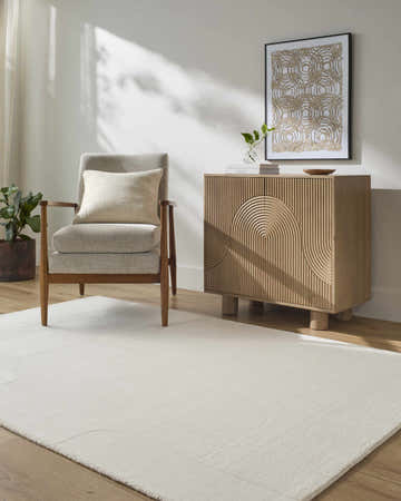 Living room scene with ivory Butrus Area Rug, gray chair, and wood cabinet. Modern farmhouse style. Roomscene-Rectangle