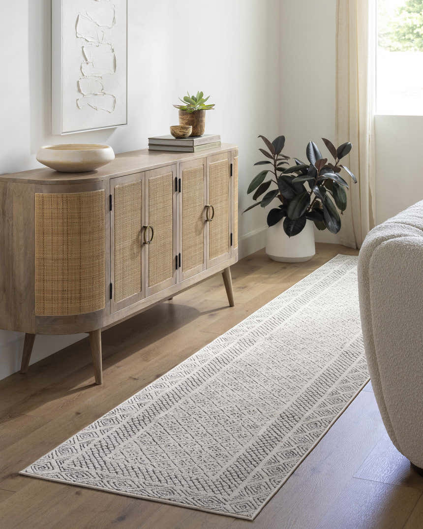Entryway scene with a charcoal and off-white Livabliss Bahar runner rug, wood cabinet, and potted plant. Roomscene-Runner