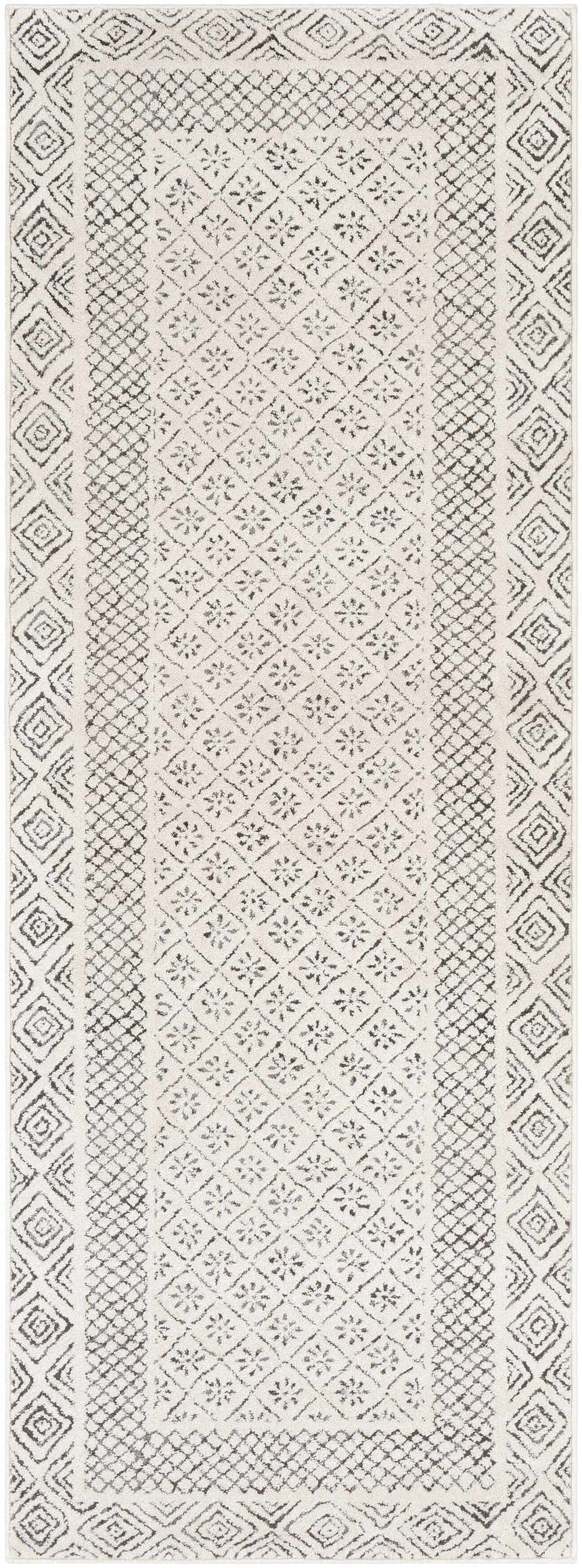 Close-up of Livabliss Bahar BHR-2321 area rug. Off-white rug with charcoal diamond and floral pattern. Farmhouse style. Design-Runner-2773
