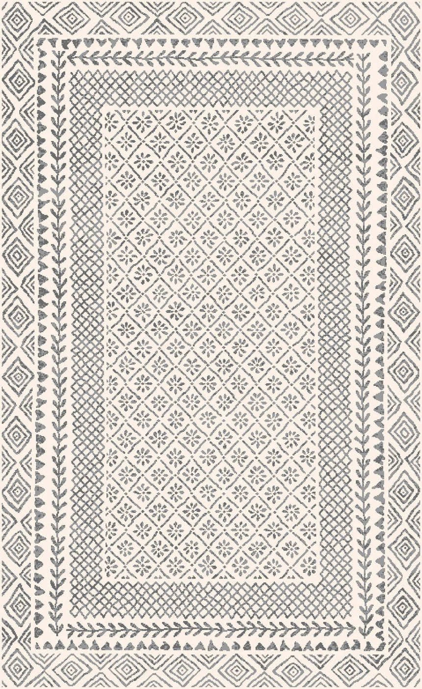 Close-up of Livabliss Bahar BHR-2321 area rug. Charcoal and off-white rug with farmhouse floral and geometric patterns. Design-Rectangle-31157