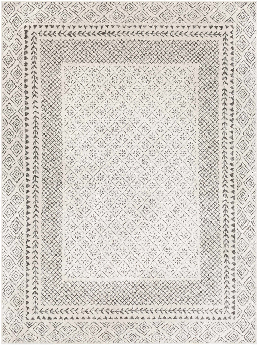 Close-up of Livabliss Bahar BHR-2321 area rug. Farmhouse style rug in charcoal and off-white with geometric and floral patterns. Design-Rectangle-5373