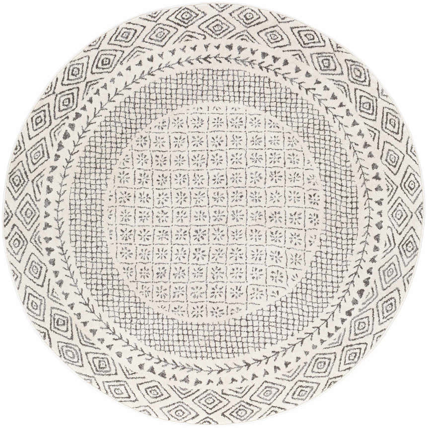 Close-up of the round Livabliss Bahar BHR-2321 area rug. Charcoal and off-white farmhouse design with geometric and floral patterns. Design-Round-53