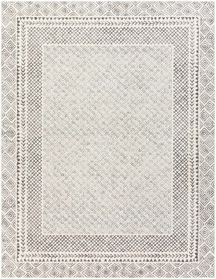 Close-up of the Livabliss Bahar BHR-2321 area rug. Charcoal and off-white geometric patterns with a farmhouse style. Design-Rectangle-710103