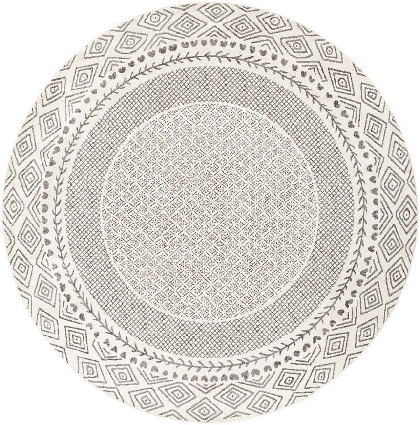 Close-up of round Livabliss Bahar BHR-2321 area rug. Charcoal and off-white farmhouse style with diamond and floral patterns. Design-Round-710