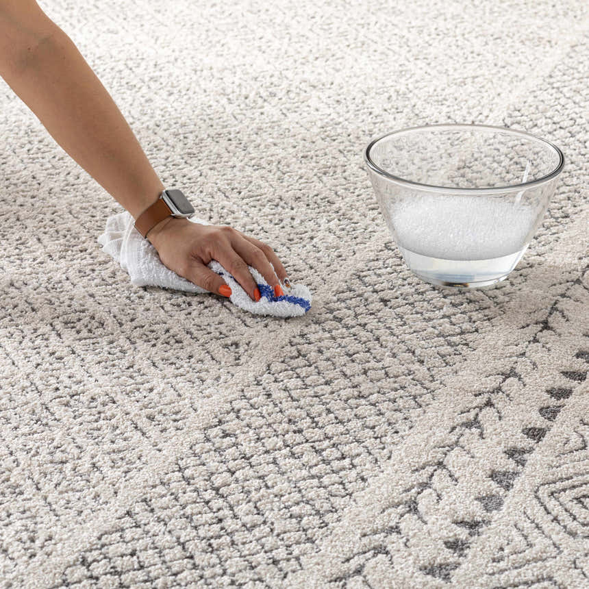 Close up of Livabliss Bahar BHR-2321 rug being spot cleaned. Rug is off-white and charcoal with geometric pattern. Texture