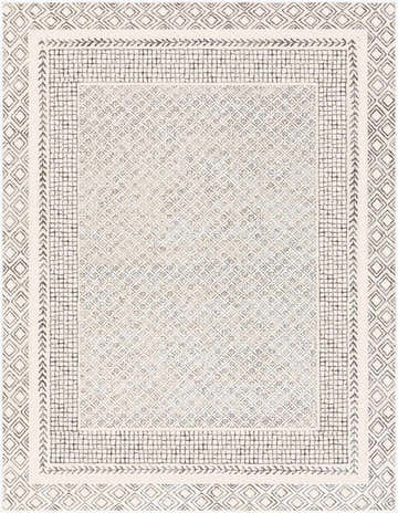 Close-up of the New Burdette Area Rug. Charcoal geometric pattern on off-white. Farmhouse style, machine woven texture. Design-Rectangle