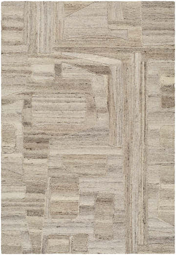 Close-up of the Brasen Beige Area Rug. Hand-tufted wool rug with a geometric pattern in beige, cream, stone, tan, and taupe. Design-Rectangle-576