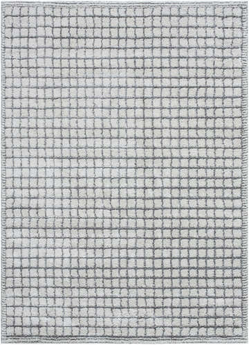 Close-up of the Balint Area Rug. Charcoal grid pattern on a light gray, textured background. Design-Rectangle-5373