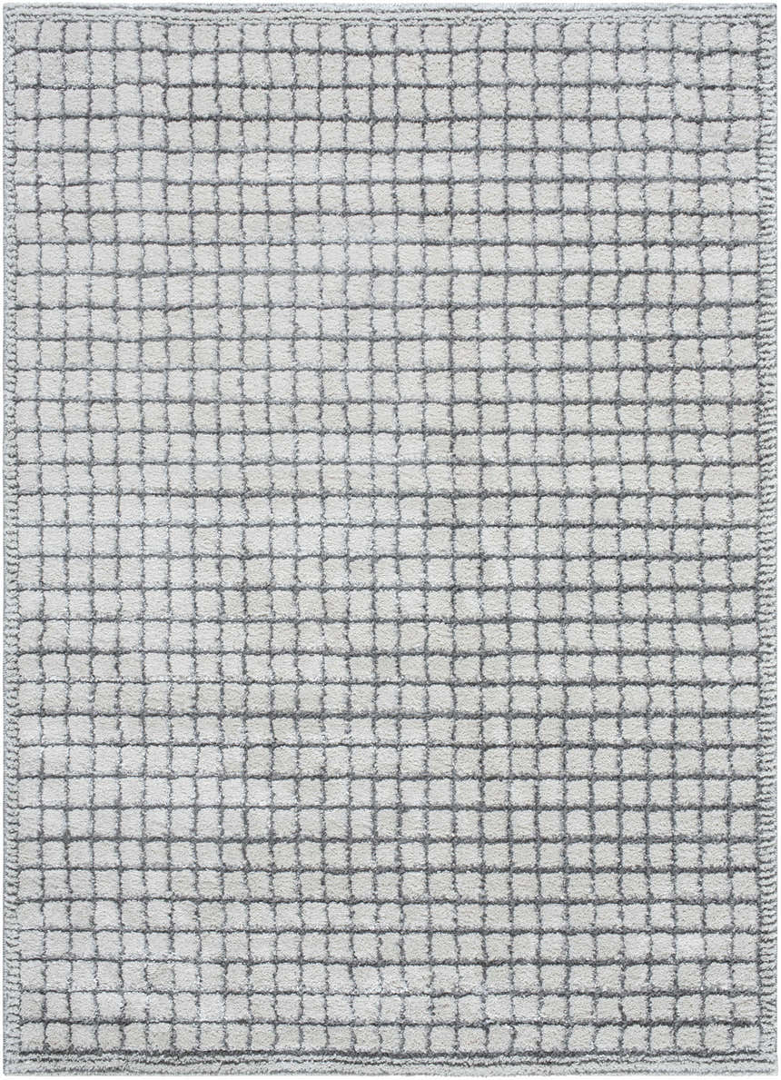 Close-up of the Balint Area Rug. Charcoal grid pattern on a light gray, textured background. Design-Rectangle-5373