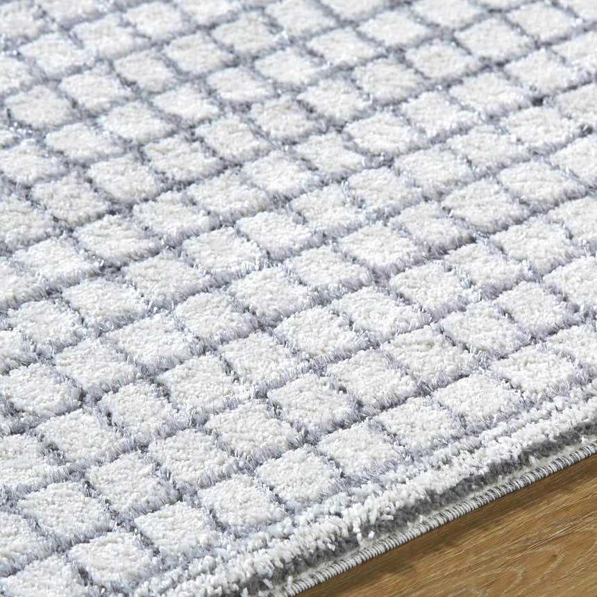 Close-up of the Balint Area Rug, showing its charcoal and light gray geometric pattern and soft, textured pile. Texture