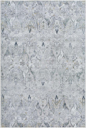 Close-up of the Bryony Area Rug. Features a traditional, farmhouse design in light silver, gray, and slate blue tones. Design-Rectangle-537