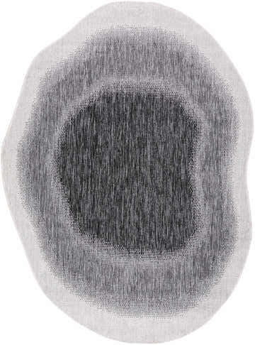 Close-up of the Burian Charcoal Area Rug. Black, charcoal, and cream colors in a unique concentric pattern. Design-Custom