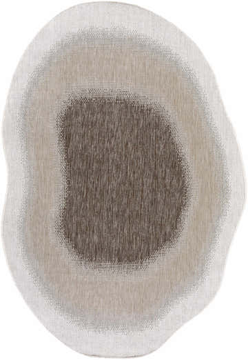 Close-up of the Burian Brown Area Rug. Features cream, tan, and dark brown hues in a unique, abstract pattern. Design-Custom